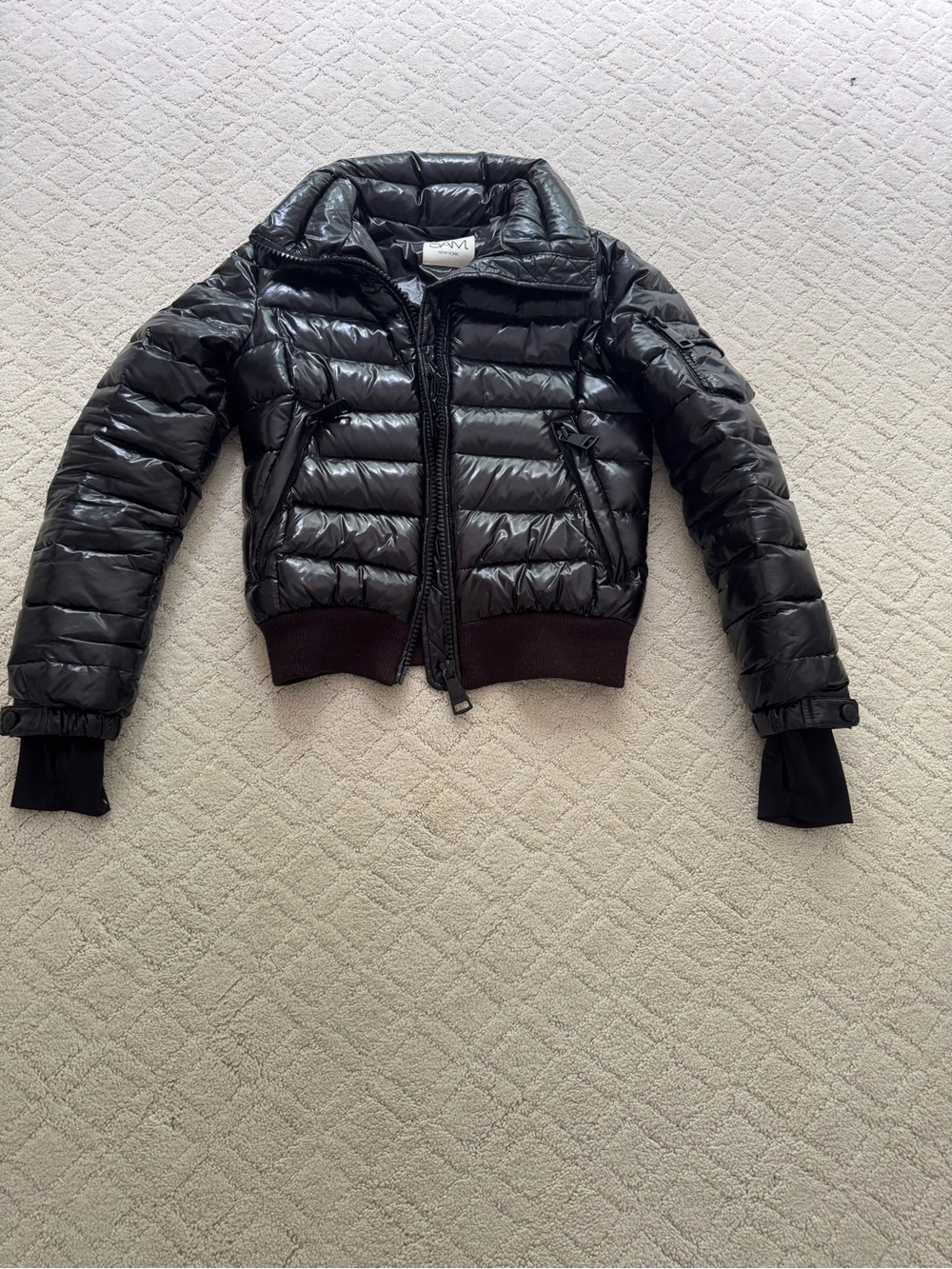 Women's SAM. NEW YORK black shiny bomber jacket.